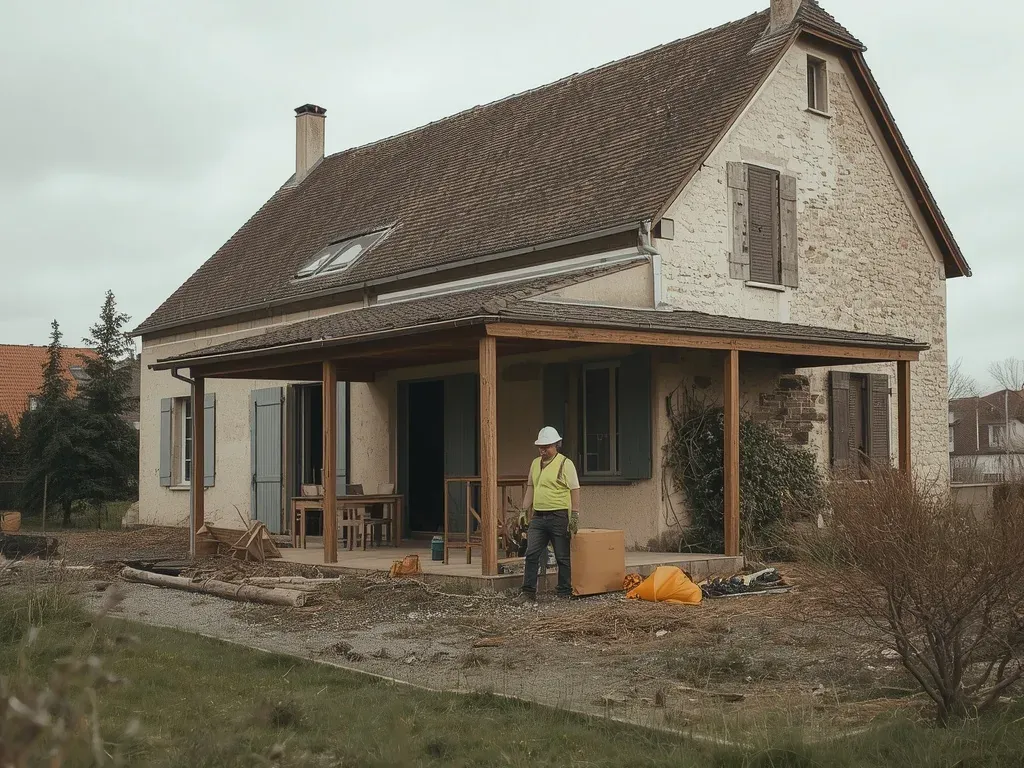Maison avec extension en chantier et ouvrier en gilet jaune