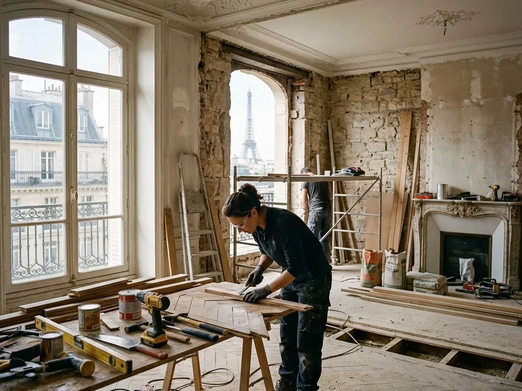 Artisan au travail dans un appartement haussmannien en rénovation, murs mis à nu et cheminée visible