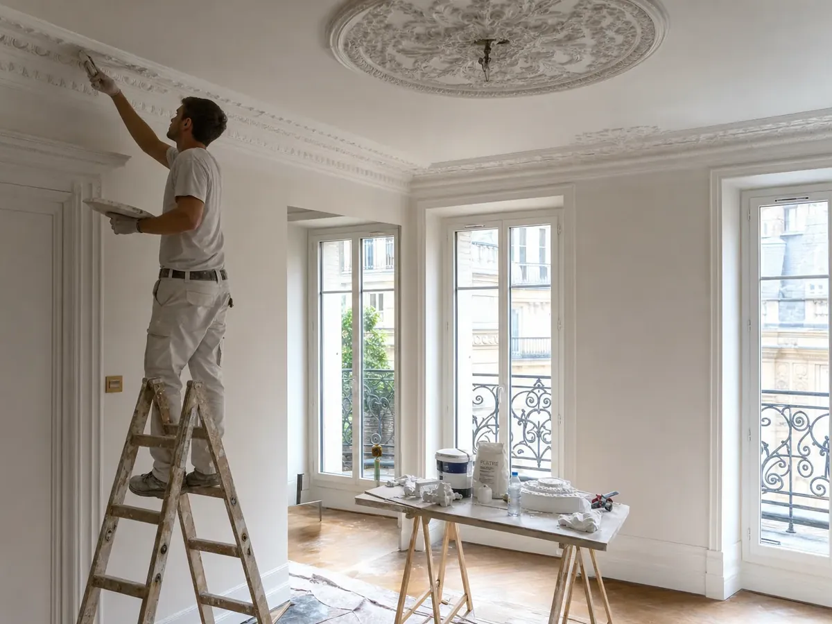 Artisan sur une échelle dans un salon haussmannien à moulures et rosace au plafond