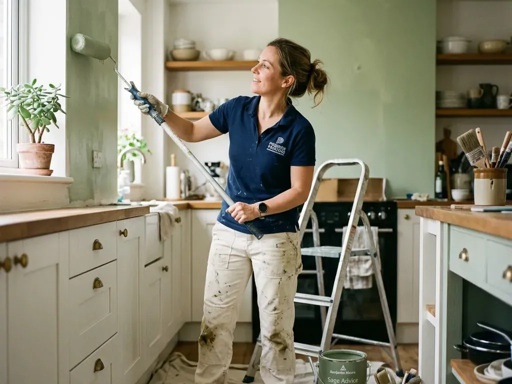 Peintre travaillant sur un mur dans une cuisine en rénovation