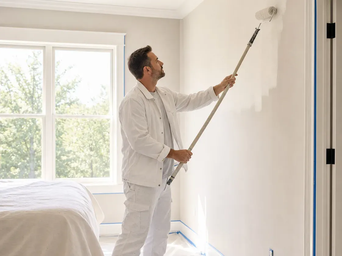 Peintre appliquant de la peinture au rouleau sur le mur d'une chambre