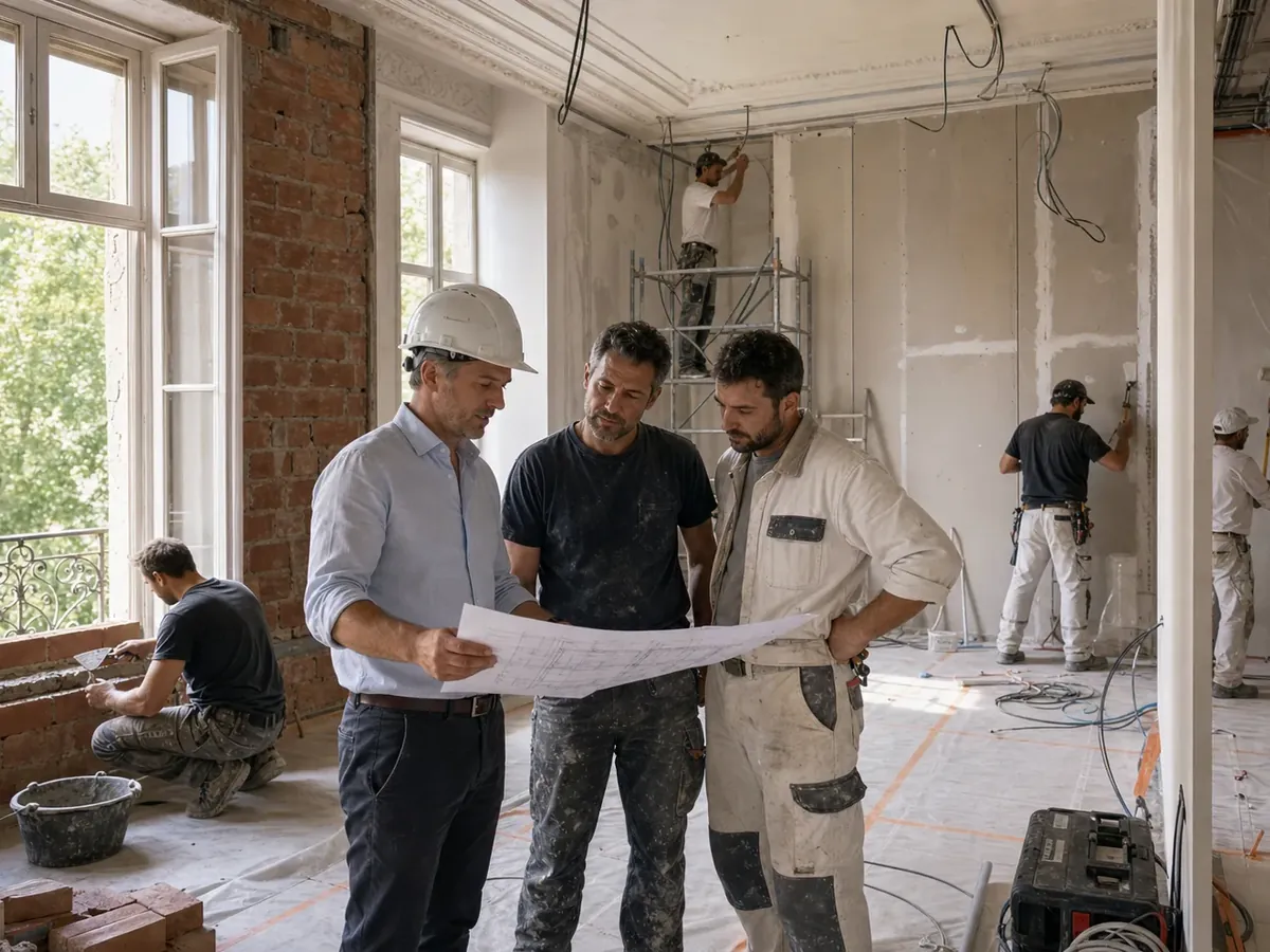 Architecte, artisans et maître d'ouvrage autour des plans d'un chantier de rénovation