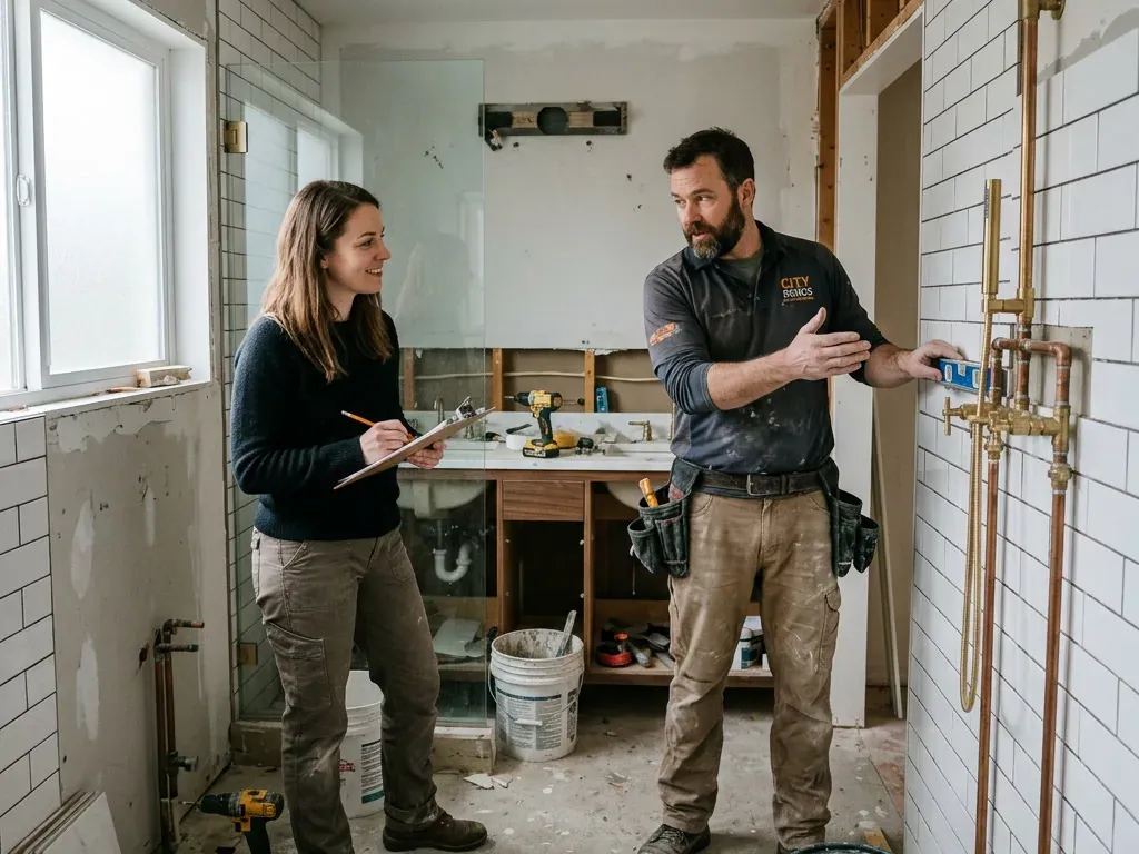 Visite technique d'un chantier de rénovation : un artisan et une cliente dans une salle de bain en travaux