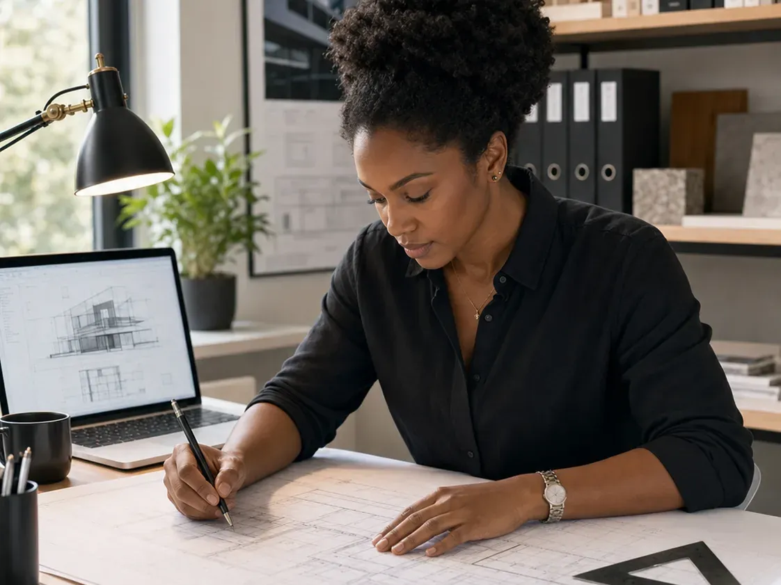 Architecte dessinant les plans d'un projet de rénovation à son bureau