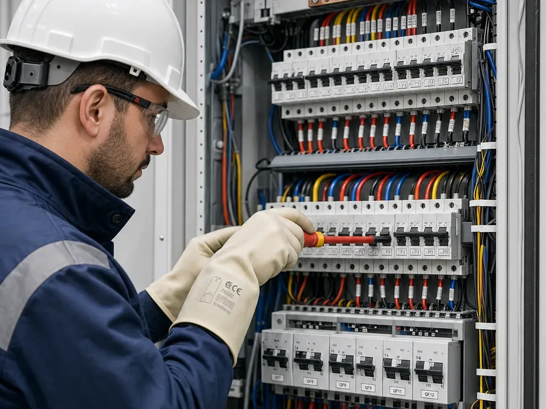 Électricien en casque contrôlant un tableau électrique pour une mise en sécurité