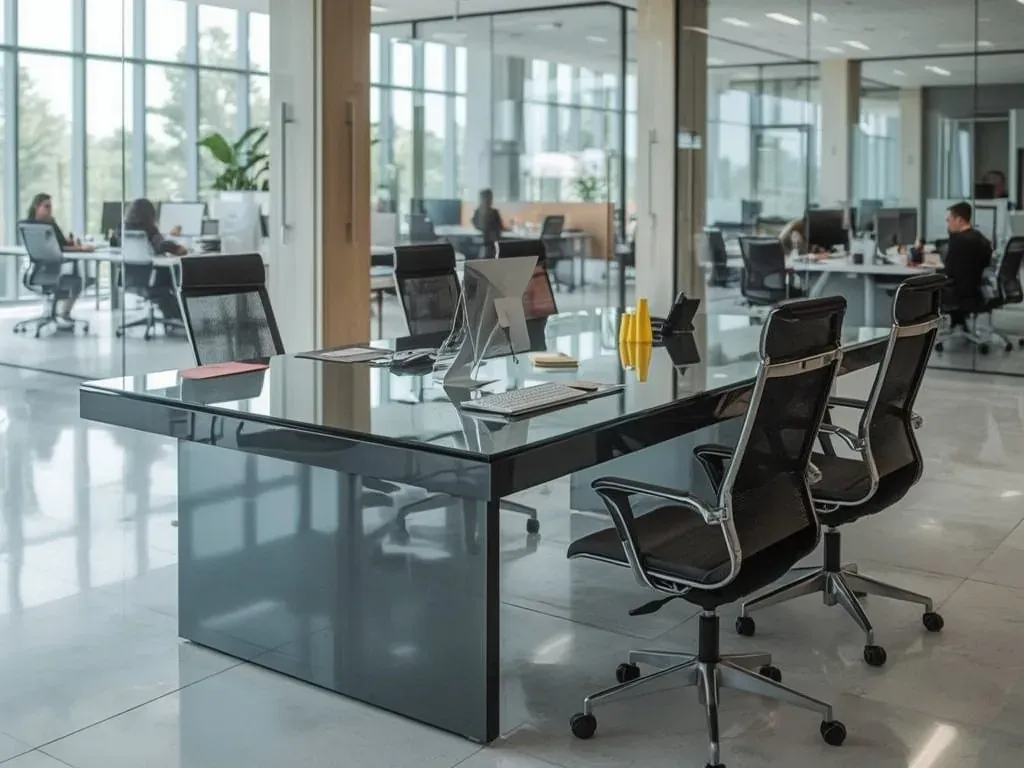 Plateau de bureaux aménagé avec grande table de réunion et cloisons vitrées